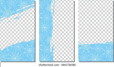 Vector set of editable stories templates. Hand drawn photo frames for social media. Blue spots with white snowflakes. Isolated on white background