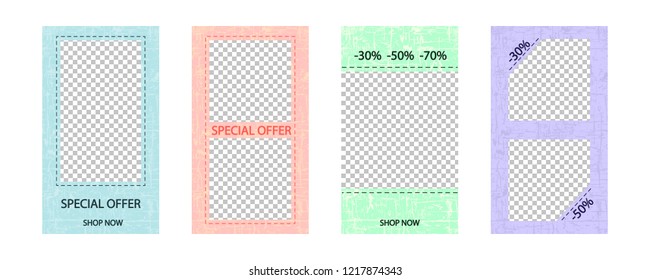 Vector set of editable stories templates(16:9) for social media on  grunge background.  EPS 10