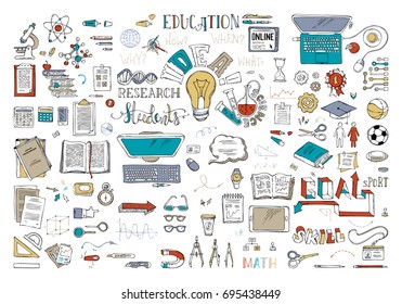 Vector set of education elements and icons. Dna, molecules, test-tubes, microscope, stationery and other objects. Chemistry, physics and laboratory research symbols. Scene creator items. Top view.