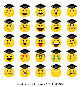 Vector set of education emoticons. Icon collection of student faces showing different emotions in cartoon style isolated on white background.