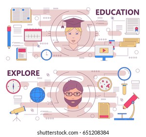 Vector set of education and explore concept horizontal banners. Modern thin line flat design elements, icons for web, presentation and printing.