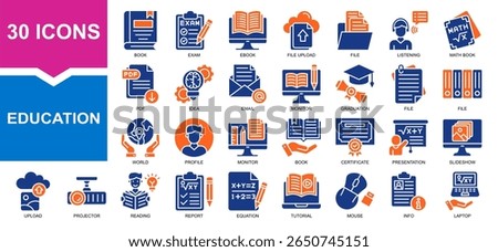 Vector set of education fill collection. Containing book, file, maths, laptop, monitor.