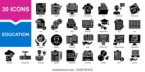 Vector set of education glyph collection. Containing book, file, maths, laptop, monitor.
