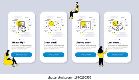 Vektorset von Bildungs-Symbolen in Bezug auf Zeitänderung, analytischer Chat und Internet-Dokumentsymbole. UI-Telefon-App-Bildschirme mit Menschen. Symbole der Sitzungslinie. Vektorgrafik