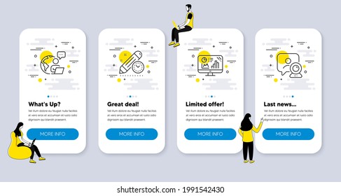 Vector Set of Education icons related to Analytics graph, Outsource work and Project deadline icons. UI phone app screens with people. Video conference line symbols. Vector