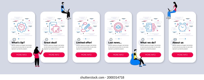 Vector Set of Education icons related to Justice scales, Time management and Strategy icons. UI phone app screens with teamwork. Keywords, Smartphone sms and Alarm clock line symbols. Vector