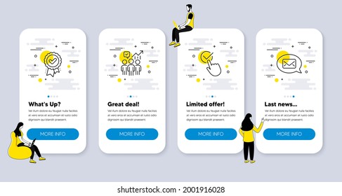 Vector Set of Education icons related to Checkbox, Approved award and Business statistics icons. UI phone app screens with people. Messenger line symbols. Vector