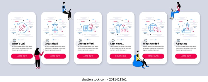 Vector Set of Education icons related to Algorithm, Internet search and Product knowledge icons. UI phone app screens with teamwork. Winner podium, Recovery tool and Innovation line symbols. Vector