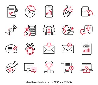 Vector Set of Education icons related to Pie chart, Hold document and Report icons. Partnership, Report document and Message signs. Chemistry dna, Lightning bolt and Jazz. Honor, Comment. Vector
