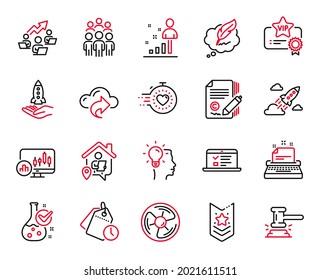 Vector Set of Education icons related to Idea, Stats and Copywriting icons. Group people, Copyright chat and Candlestick chart signs. Work home, Crowdfunding and Air fan. Timer, Typewriter. Vector