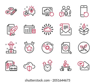 Vector Set of Education icons related to Creative idea, Vacancy and Startup icons. Calendar, Teamwork and Feather signature signs. Family questions, Idea and Cloud network. Recovery phone. Vector