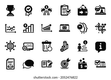 Vector Set of Education icons related to Chart, Messenger and Online chemistry icons. Award cup, Report statistics and Target goal signs. Wallet, E-mail and Diagram chart. Approved award. Vector