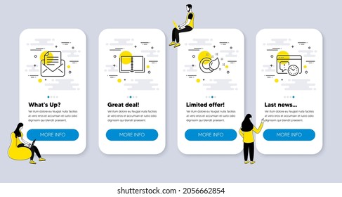 Vector Set of Education icons related to Paint brush, Mail correspondence and Book icons. UI phone app screens with people. Project deadline line symbols. Vector