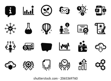 Vector Set of Education icons related to Survey check, Chemical formula and Efficacy icons. Refresh mail, Safe time and Certificate signs. Chemistry lab, Chat message and Cloud protection. Vector