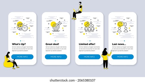 Vector Set of Education icons related to Target goal, Group people and Time management icons. UI phone app screens with people. Teamwork questions line symbols. Vector