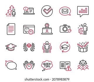 Vector Set of Education icons related to Online documentation, Photo camera and Employee icons. Project deadline, Instruction manual and Messenger signs. Quick tips, Justice scales and Drums. Vector