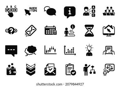 Vector Set of Education icons related to E-mail, Time and Receive file icons. Calendar, Speech bubble and Work home signs. Messenger, Lawyer and Algorithm. Info bubble, journey path. Vector