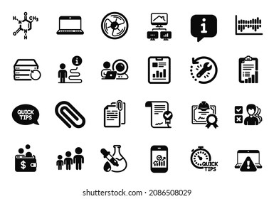 Iconos del Vector Set de Educación relacionados con el ventilador del aire, advertencia en línea e iconos de opinión. Clip de papel, consejos rápidos y señales de estadísticas de Smartphone. Certificado, Contrato aprobado y Casa de trabajo. Vector