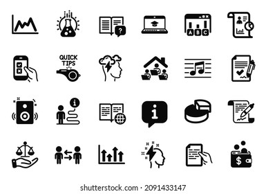 Vector Set of Education icons related to Musical note, Instruction manual and Upper arrows icons. Approved agreement, Agreement document and Pie chart signs. Hold document, Speakers. Vector
