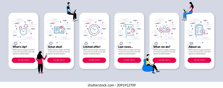 Vector Set of Education icons related to Time management, Recruitment and Engineering documentation icons. UI phone app screens with teamwork. Vector