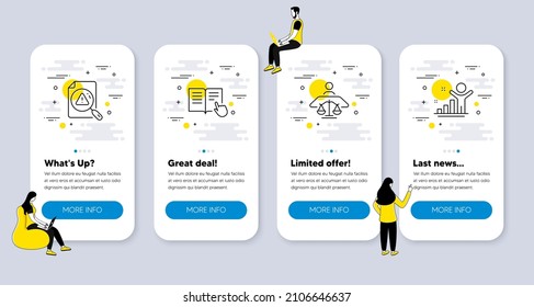 Vector Set of Education icons related to Court judge, Search document and Read instruction icons. UI phone app screens with people. Winner line symbols. Vector