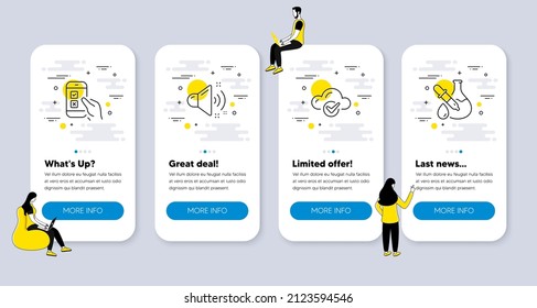 Iconos del Vector Set de Educación relacionados con la informática en la nube, el sonido en voz alta y los iconos de la encuesta móvil. pantallas de aplicación de la interfaz de usuario con personas. Símbolos de línea de experimentación química. Vector