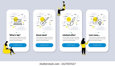 Vector Set of Education icons related to Sound check, Paint brush and Electric guitar icons. UI phone app screens with people. Certificate line symbols. Vector