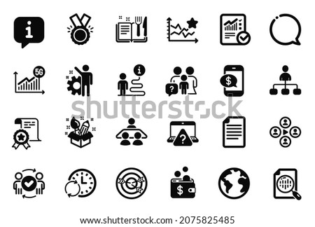 Vector Set of Education icons related to World planet, Honor and Video conference icons. Ranking stars, Family questions and Certificate signs. Speech bubble, Update time and Analytics chart. Vector