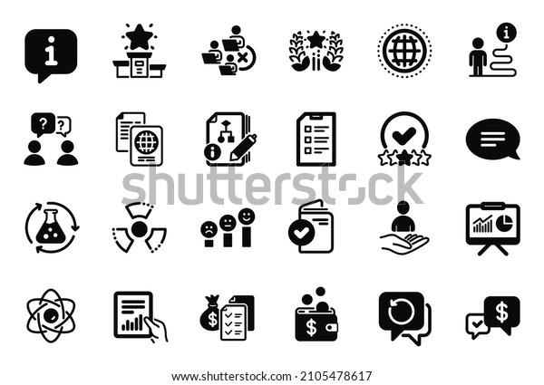 Vector Set of Education icons related to\
Checklist, Winner podium and Atom core icons. Ranking, Recruitment\
and Passport document signs. Globe, Chemistry experiment and\
Recovery data. Chat.\
Vector