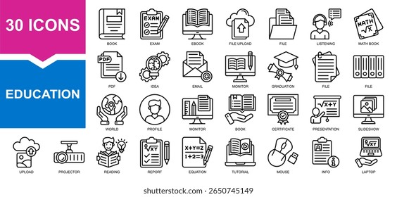 Conjunto de Vectores de colección de la línea de educación. Contiene libro, archivo, matemáticas, portátil, monitor.