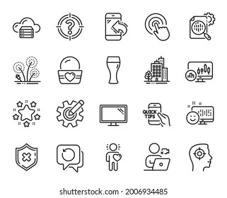 Vector set of Education, Recovery data and Buildings line icons set. Recruitment, Fireworks and Ice cream icons. Stars, Friend and Headhunter signs. Smile, Seo stats and Click. Vector