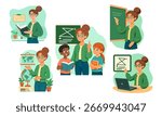 Vector set of education scenes: female teacher with students, chalkboard, geometry, globe, books and laptop. Modern classroom and e‑learning concepts for school materials and back‑to‑school designs.
