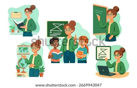 Vector set of education scenes: female teacher with students, chalkboard, geometry, globe, books and laptop. Modern classroom and e‑learning concepts for school materials and back‑to‑school designs.