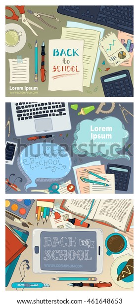 Vector set of education workplaces. Cartoon\
gadgets and school stationery supplies on desk. Back to school. Top\
view. Work and\
education.