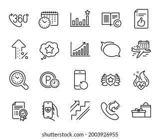 Vector set of Efficacy, 360 degree and Laureate line icons set. Increasing percent, Select flight and Approved document icons. Graph chart, Talk bubble and Share call signs. Vector