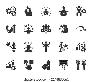 Conjunto vectorial de iconos planos de eficiencia. Contiene productividad de iconos, crecimiento personal, multitarea, agotamiento, resistencia al estrés, desarrollo profesional, rendimiento y más. Pixel perfecto.