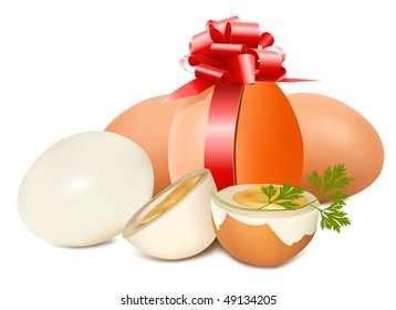 Vector. Set of egg.  Easter egg with red ribbon and parsley.