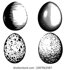 Vector set of egg engraving. Easter symbols. Icons with chicken eggs made in black ink. Detailed etching image. Egg.