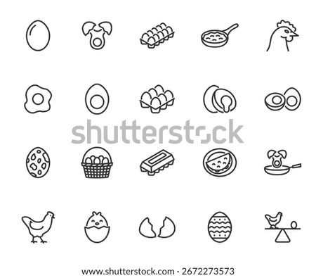 Vector set of egg line icons. Contains icons boiled egg, omelet, yolk, chicken, eggshell, scrambled eggs, easter egg, quail egg and more. Pixel perfect.