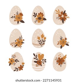 vector set of eggs decorated with flowers in boho style, brown natural color palette