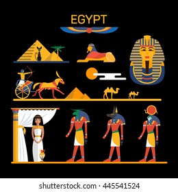 Vector set of Egypt characters with  pharaoh, gods, pyramids, camels. Illustration with Egypt isolated objects.