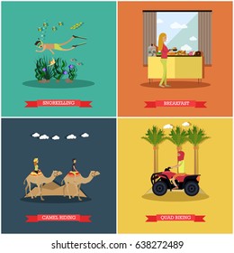 Vector set of Egypt concept posters, banners. Snorkeling, Breakfast, Camel riding, Quad biking flat style design elements.
