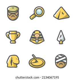 Juego de vectores de iconos de Egipto. Arqueología, Búsqueda, Investigación, Monumento, Artesanía, Tesoro, Arma, Tiempo, Santuario.