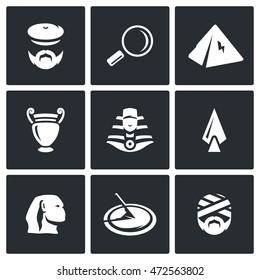 Vector Set of Egypt Icons. Archaeology, Search, Research, Monument, Craft, Treasure, Weapon, Time, Shrine.