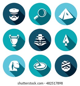 Vector Set of Egypt Icons. Archaeology, Search, Research, Monument, Craft, Treasure, Weapon, Time, Shrine.