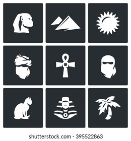 Vector Set of Egypt Icons. Sphinx, Dune, Sun, Bedouin, Artifact, Paranja, Cat, Pharaoh, Oasis. Tourist route in the north of the African continent