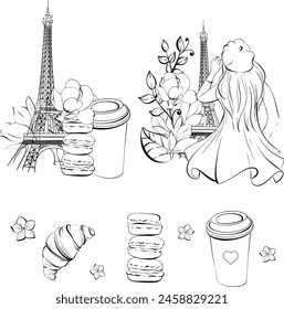 Vector set with Eiffel Tower, Parisian woman, Paper cup of coffee, sweet deserts and bakery, street food. Black silhouette for circuit. Romantic travel to France