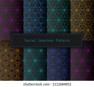 Vector set of eight acid psychedelic geometric seamless patterns on black background; Sacred geometry and flower of life motifs; Minimalist style.