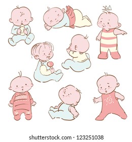 Vector set - eight cartoon babies.