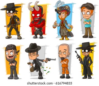 Vector set of eight cartoon standing bad guys characters with devil and pirate on white background